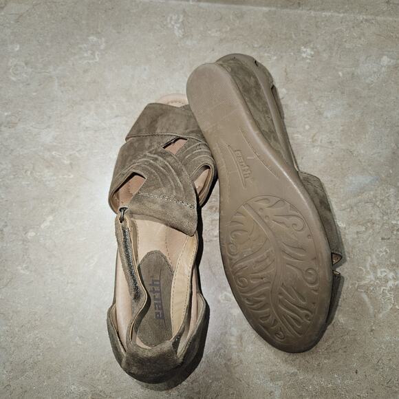 Earth Sandals Curvet SZ 10D Wide Width Dark Khaki Brown Suede Peep-toe‎ Wedge - Picture 6 of 10